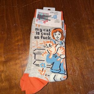 Blue Q Cat Crew Socks - Orange, Blue, Cream Graphic